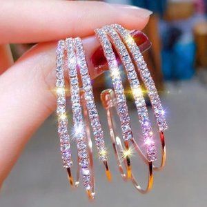 Fashion 18K Gold Plated Stainless Steel Gold Rhinestone Big Earrings